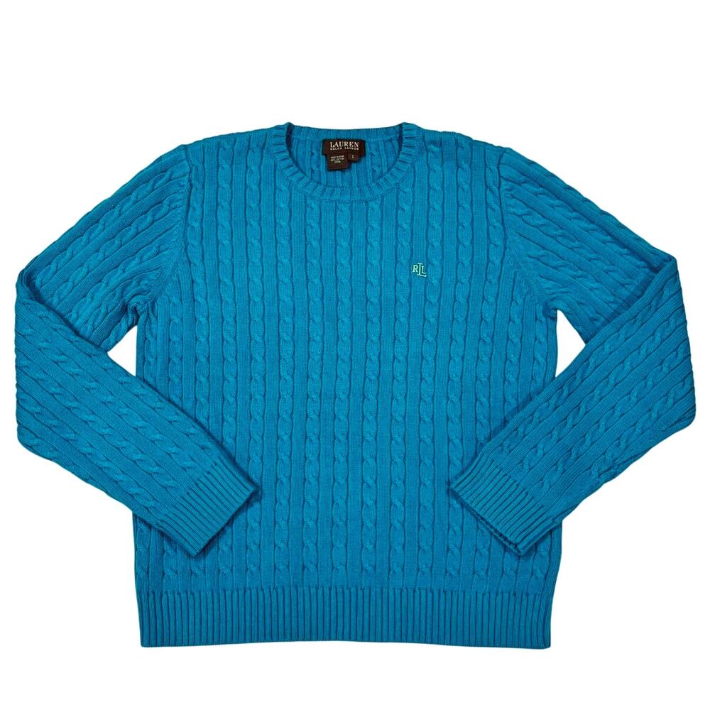 Vtg Lauren Ralph Lauren Sweater Women Large Blue Cable Knit Crewneck Old Money